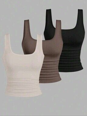 Set Of 3 - Women’s Square Neck Seamless Tank Top - Black, Brown, Cream
